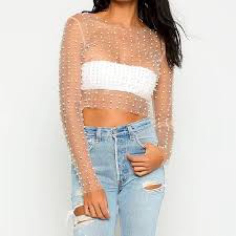 Sheer Pearl Beaded Mesh Top Nude Champagne Long Sleeve Evening Blouse S NEW